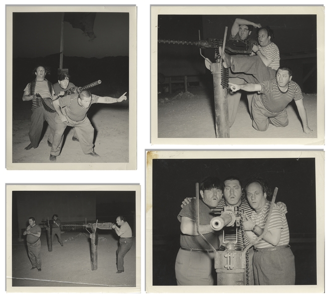 Lot of 4 Glossy 10 x 8 Photos of Larry, Moe & Curly, Taken in June 1943 at Kingman Army Airfield Base in Arizona -- Creasing to Two Photos, Else Very Good Condition